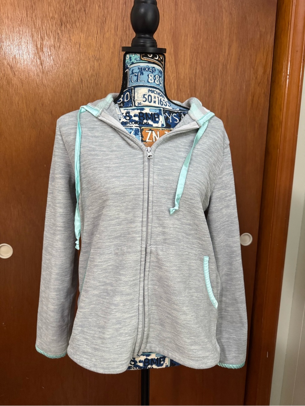 Light Gray Zip-Up Sleep Hoodie with Mint Accents